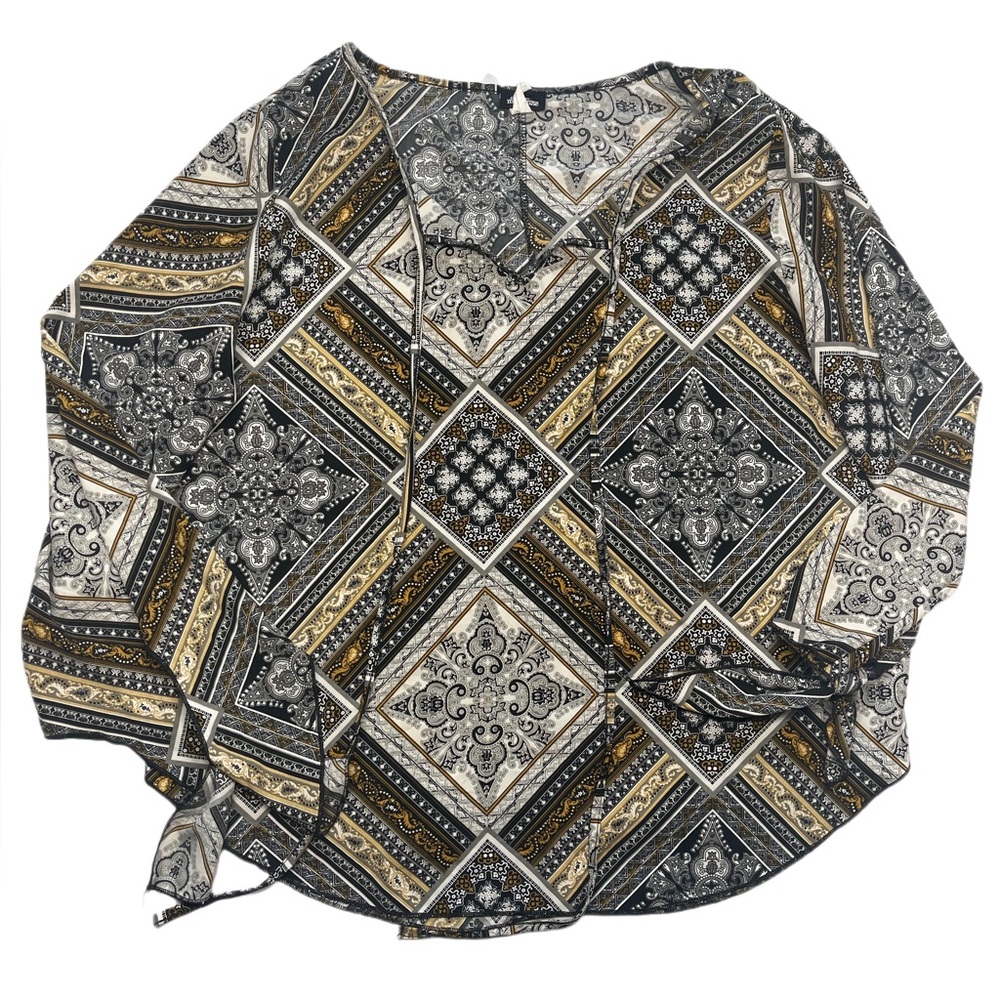 Fashion Magazine brown and blue multi patterned long sleeve blouse